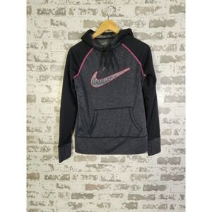 Nike Therma Fit Hoodie Women Small Charcoal Pink Center Swoosh Athletic Pullover